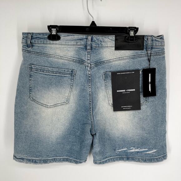 Homme + Femme Mens Hand Painted Logo Distressed Jean Shorts Sz 38 Denim Blue - Picture 6 of 10